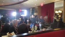 Uma Thurman, waiting to be introduced by Harvey Weinstein, with Samuel L Jackson at Monkey Bar